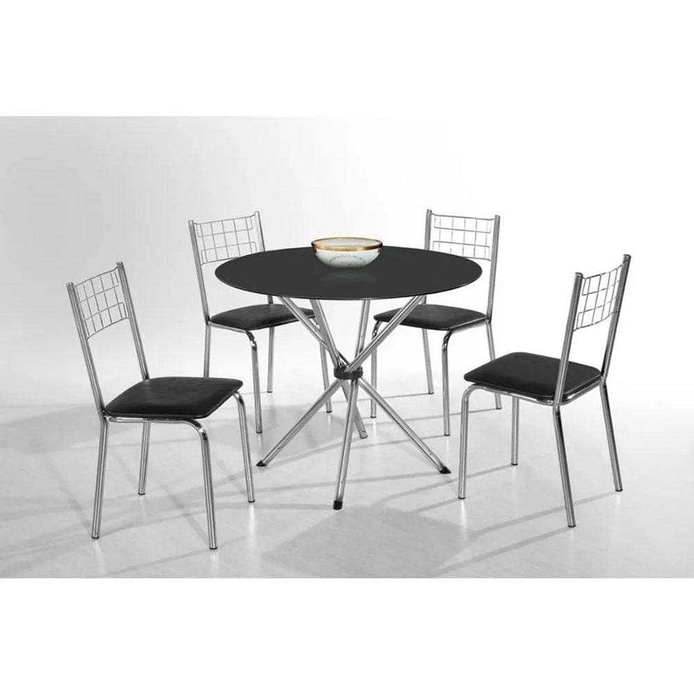 Conjunto Mesa Redonda Tampo De Vidro Preto 90 Liz Cromada Com 4 Cadeiras
