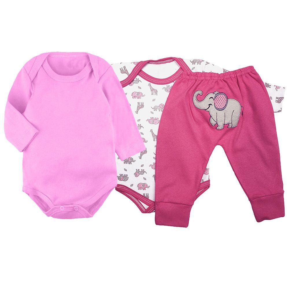 Kit Conjunto Bebê 3 Pças Body e Mijão Bumbum Bordado Algodão