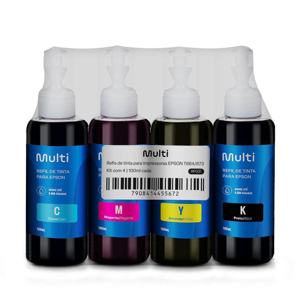 Kit Refil de Tinta para Impressoras Epson T664 com 4 Cores 100ml Multi - RF031