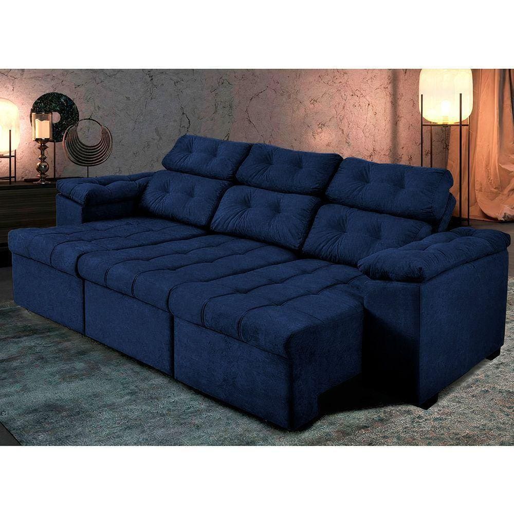 Sofá Italia 250cm Retrátil Reclinável Suede Azul