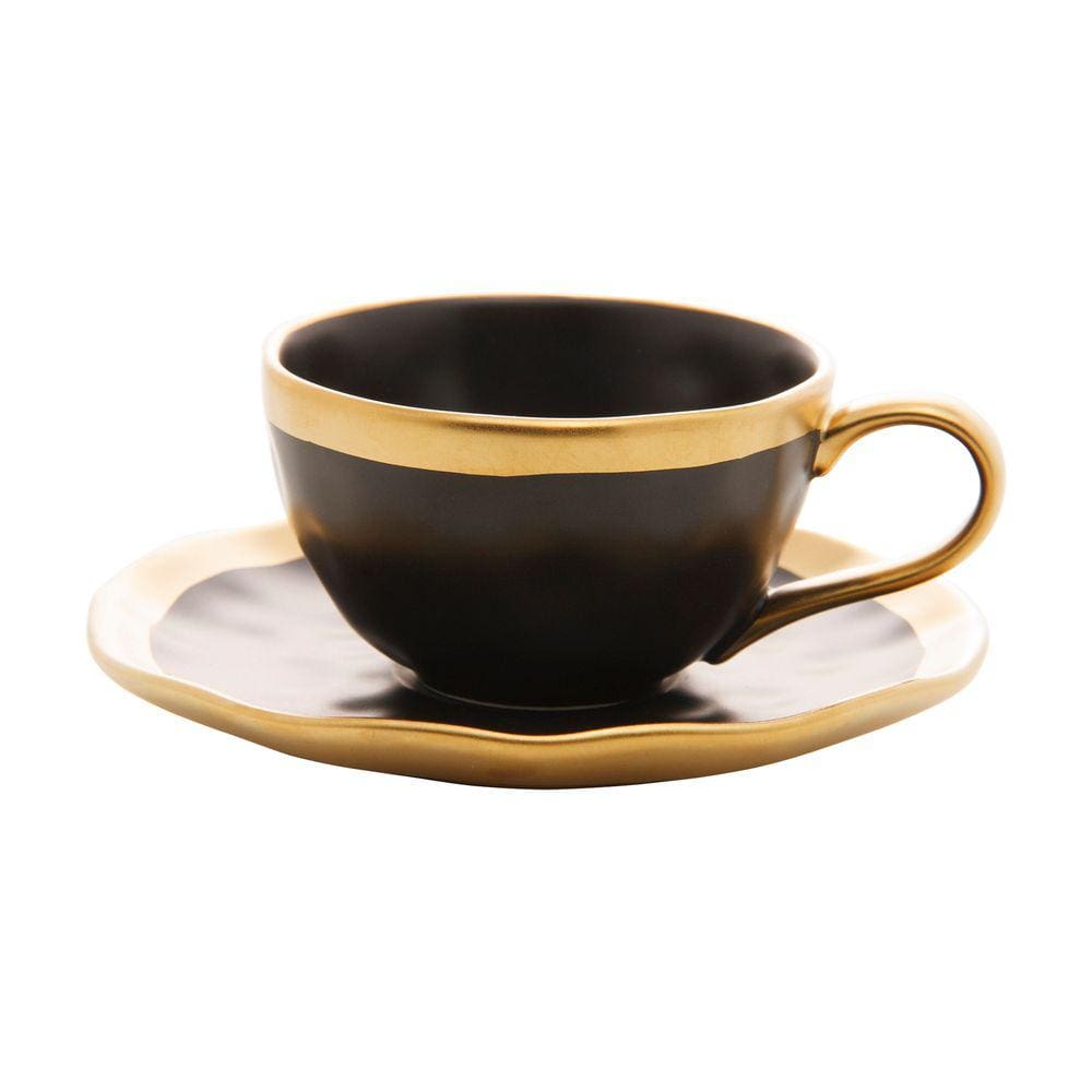 Xícara P/Café C/Pires de Porcelana Preto Fosco/Dourado Dubai 90ml Wolff
