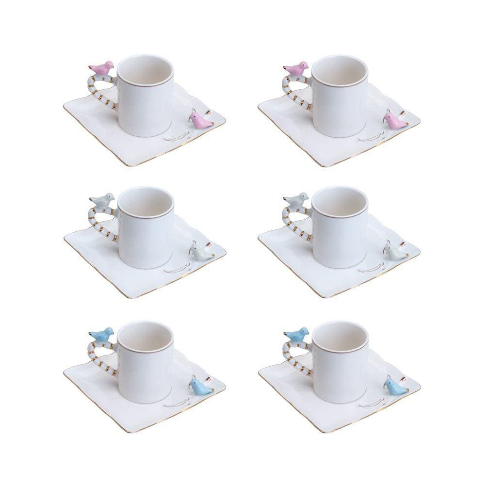 Cj 6 Xícaras P/Café C/Pires Quadrado Porcelana Birds Design Plate Colorido 80ml Wolff