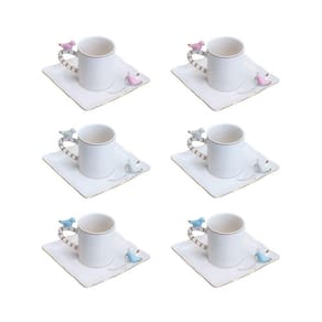 Cj 6 Xícaras P/Café C/Pires Quadrado Porcelana Birds Design Plate Colorido 80ml Wolff