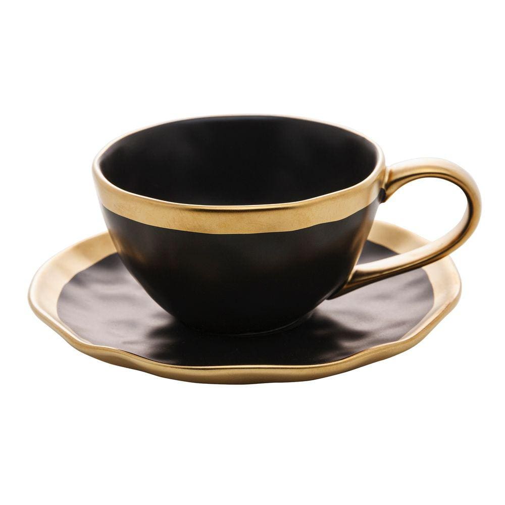 Xícara P/Chá C/Pires de Porcelana Preto Fosco/Dourado Dubai 200ml Wolff