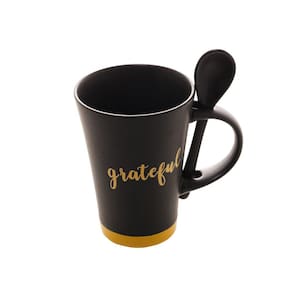 Caneca de Cerâmica Grateful C/Colher Preto Matt Amarelo 310ml Bon Gourmet