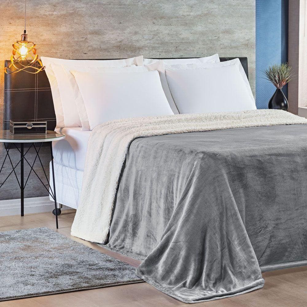 Cobertor Queen Sherpa + Mantinha Flannel 1 Peça Cinza