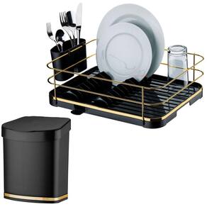 Kit Escorredor De Louças Lixeira 2,5L Tampa Pia Cozinha Preto Dourado - Future