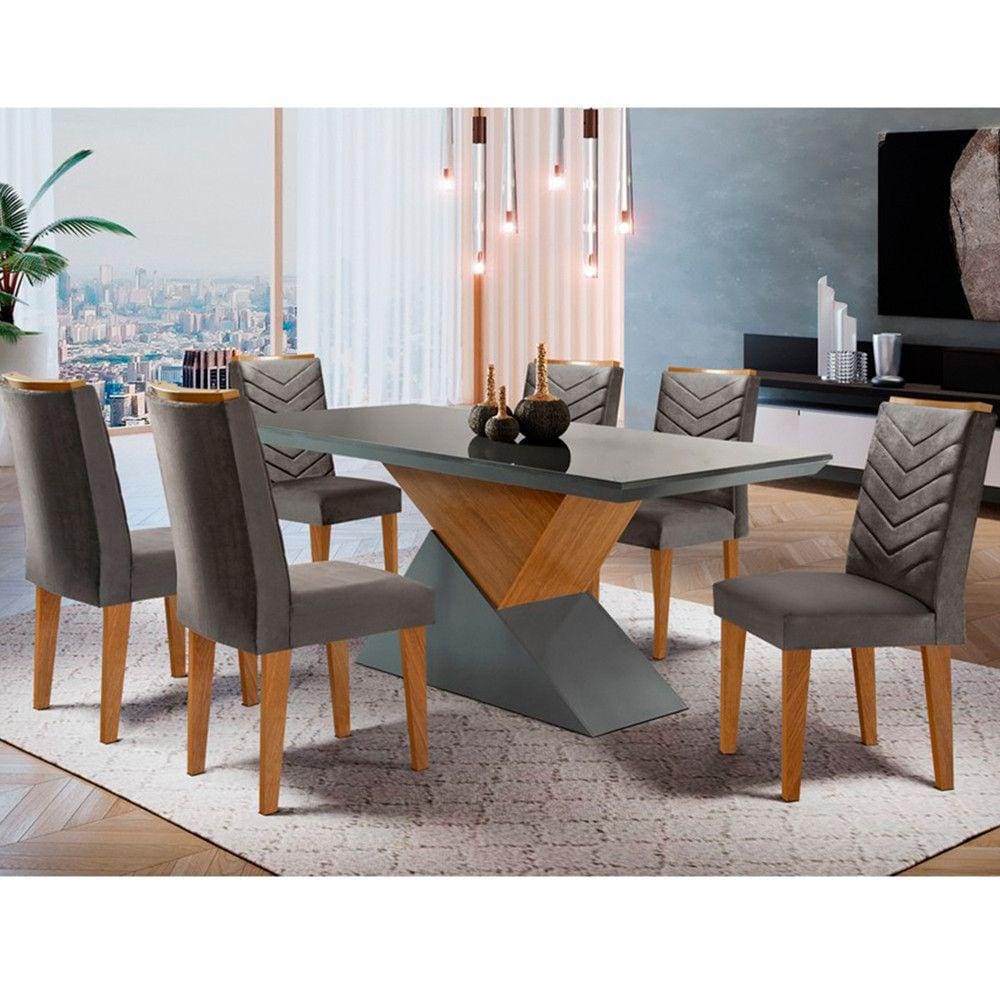 sala de jantar Aster 180 Tampo em MDF Canto Reto com 6 Cadeiras Liz Moderna