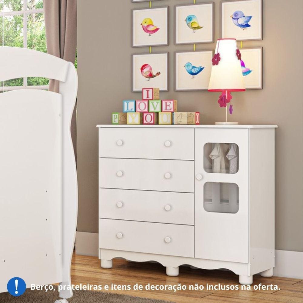 Cômoda Infantil Uli 4 Gavetas 1 Porta Móveis Peroba Branco com Carvalho