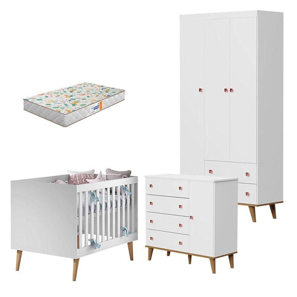 Quarto de Bebê Fernanda 3 Portas com Berço Ludmila Branco Acetinado Bétula e Colchão Gazin - Carolina Baby