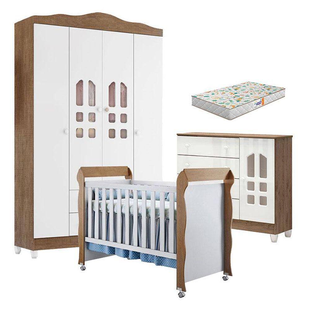 Quarto de Bebê New Selena 4 Portas com Cômoda Selena e Berço Mirelle Branco Acetinado Amadeirado e Colchão Gazin - Carolina Móveis