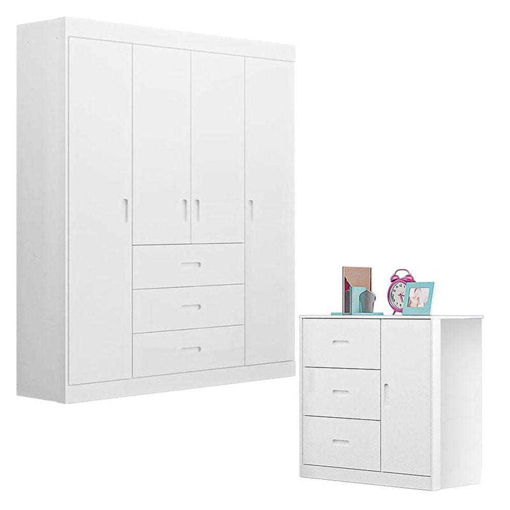 Cômoda e Guarda Roupa Infantil Lívia Branco Brilho - Canaã