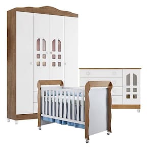 Quarto de Bebê New Selena 4 Portas com Cômoda Gran Selena e Berço Mirelle Branco Acetinado Amadeirado - Carolina Móveis