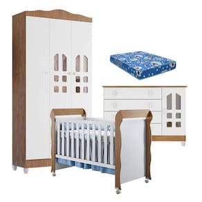 Quarto de Bebê New Selena 3 Portas com Cômoda Gran Selena e Berço Mirelle Branco Acetinado Amadeirado e Colchão Ortobom - Carolina Móveis