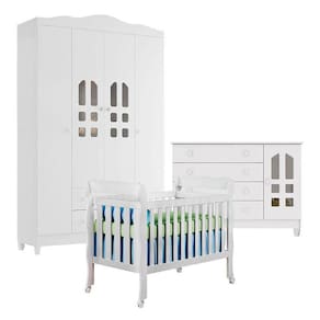 Quarto de Bebê New Selena 4 Portas com Berço Lila e Cômoda Gran Selena Branco Brilho - Carolina Móveis