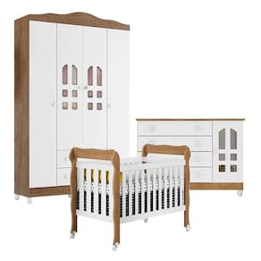 Quarto de Bebê New Selena 4 Portas com Berço Lila e Cômoda Gran Selena Branco Acetinado Amadeirado - Carolina Móveis