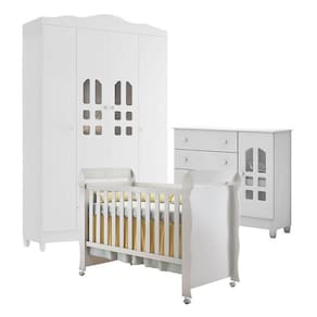 Quarto de Bebê New Selena 4 Portas com Cômoda Selena e Berço Mirelle Branco Brilho - Carolina Móveis