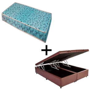 Cama Baú Casal 138 Tecido Sintético Marrom Com Colchão Natal Bello Box - 100% Espuma - D23 Azul 55x138x188