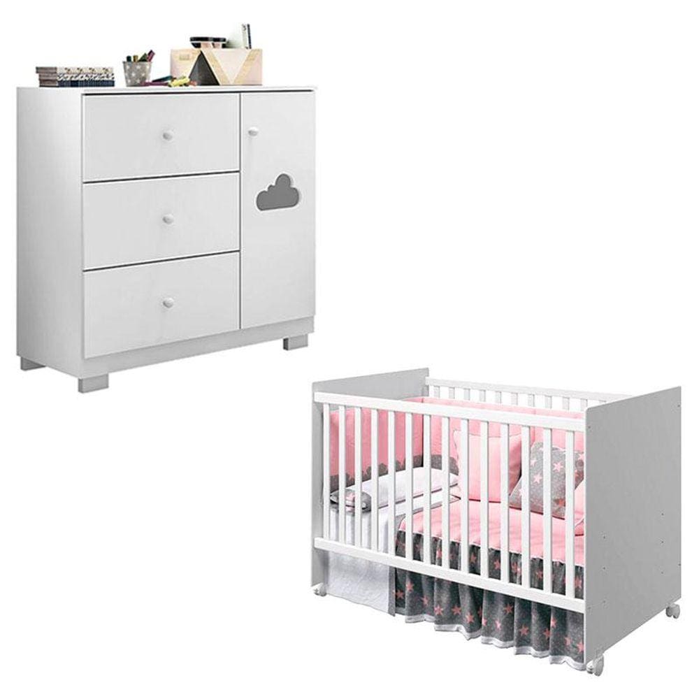 Berço Americano Tico e Cômoda Infantil Ane Branco Brilho - Phoenix Baby