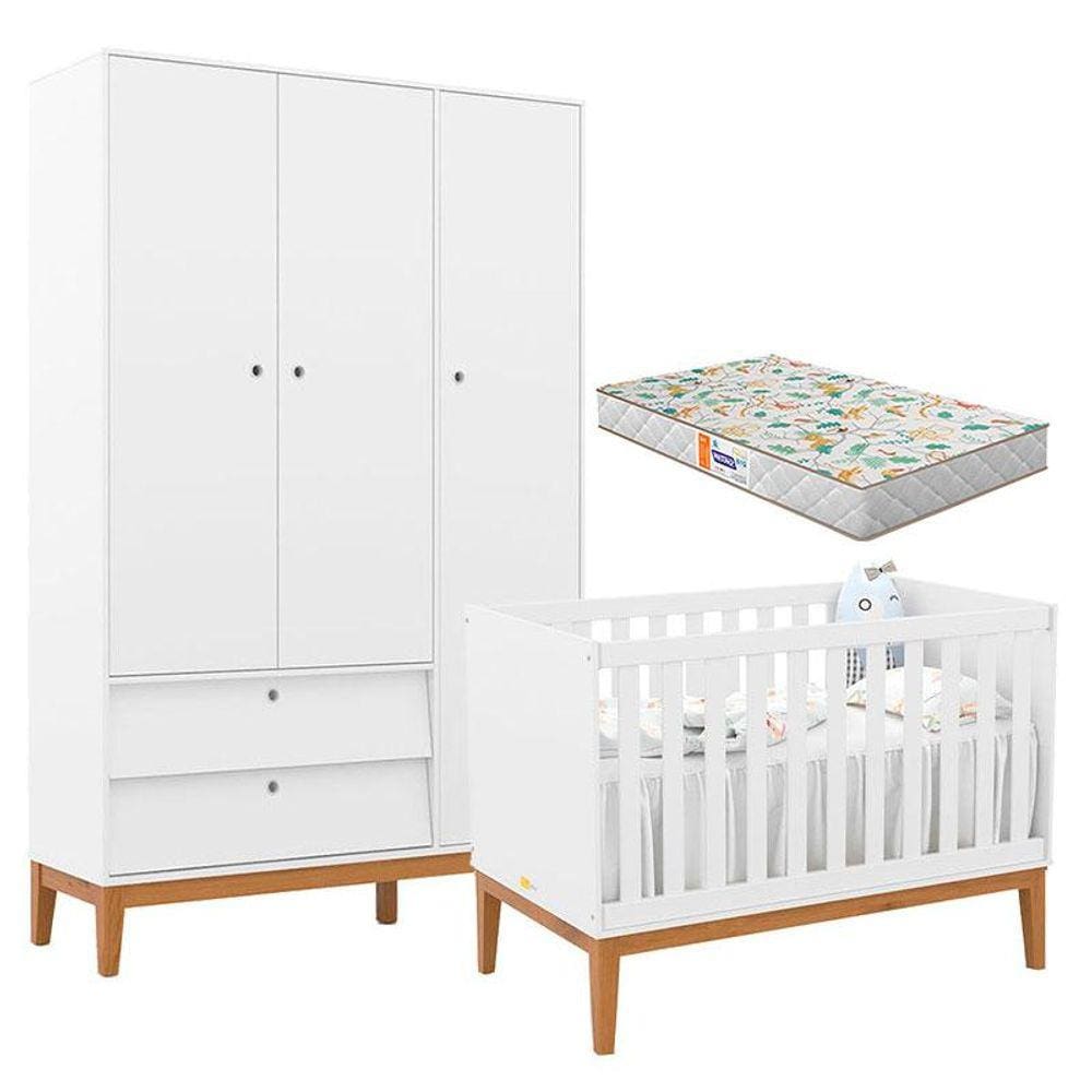 Berço Americano e Guarda Roupa Unique 3 Portas Branco Soft Eco Wood com Colchão Gazin - Matic