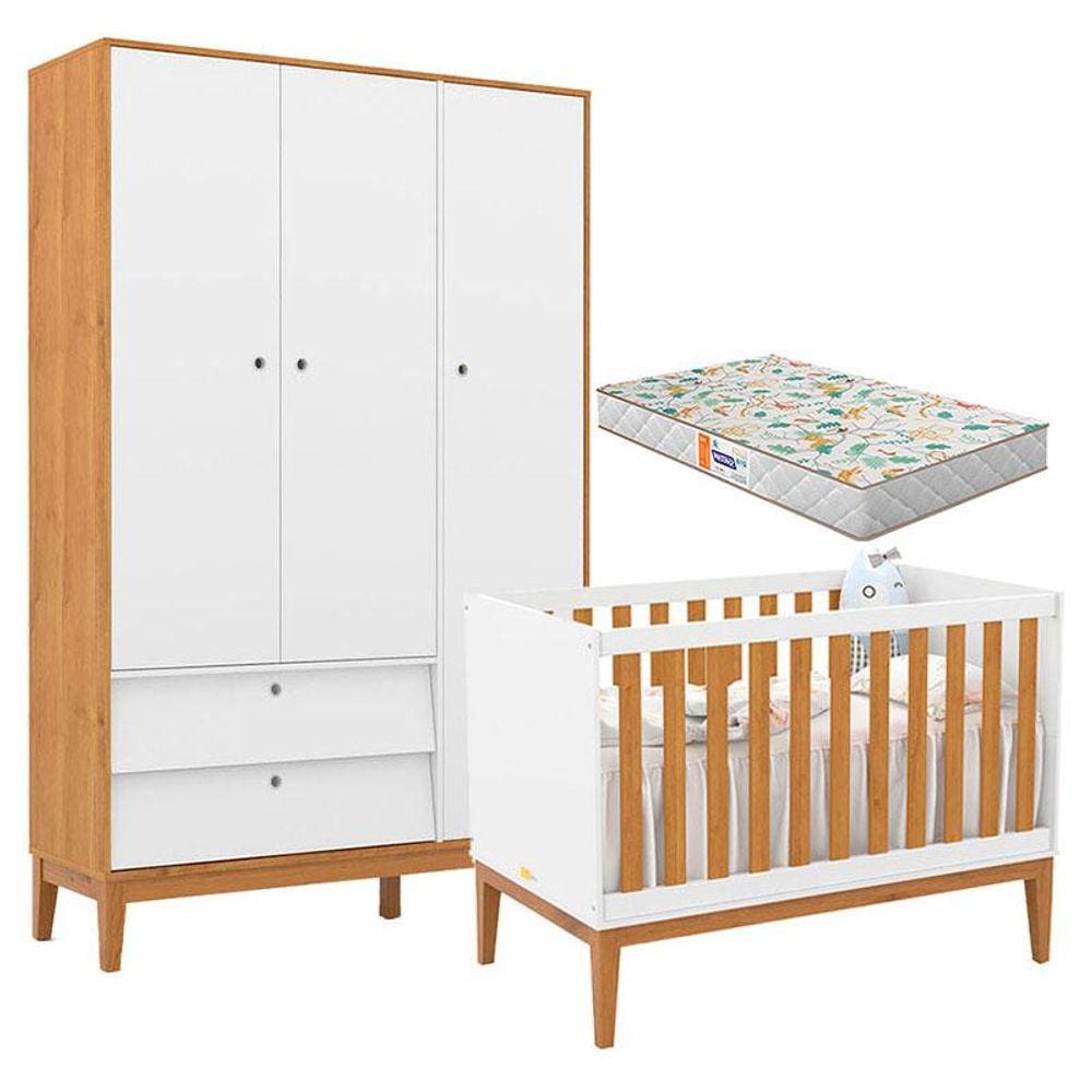 Berço Americano e Guarda Roupa Unique 3 Portas Branco Soft Freijó Eco Wood com Colchão Gazin - Matic