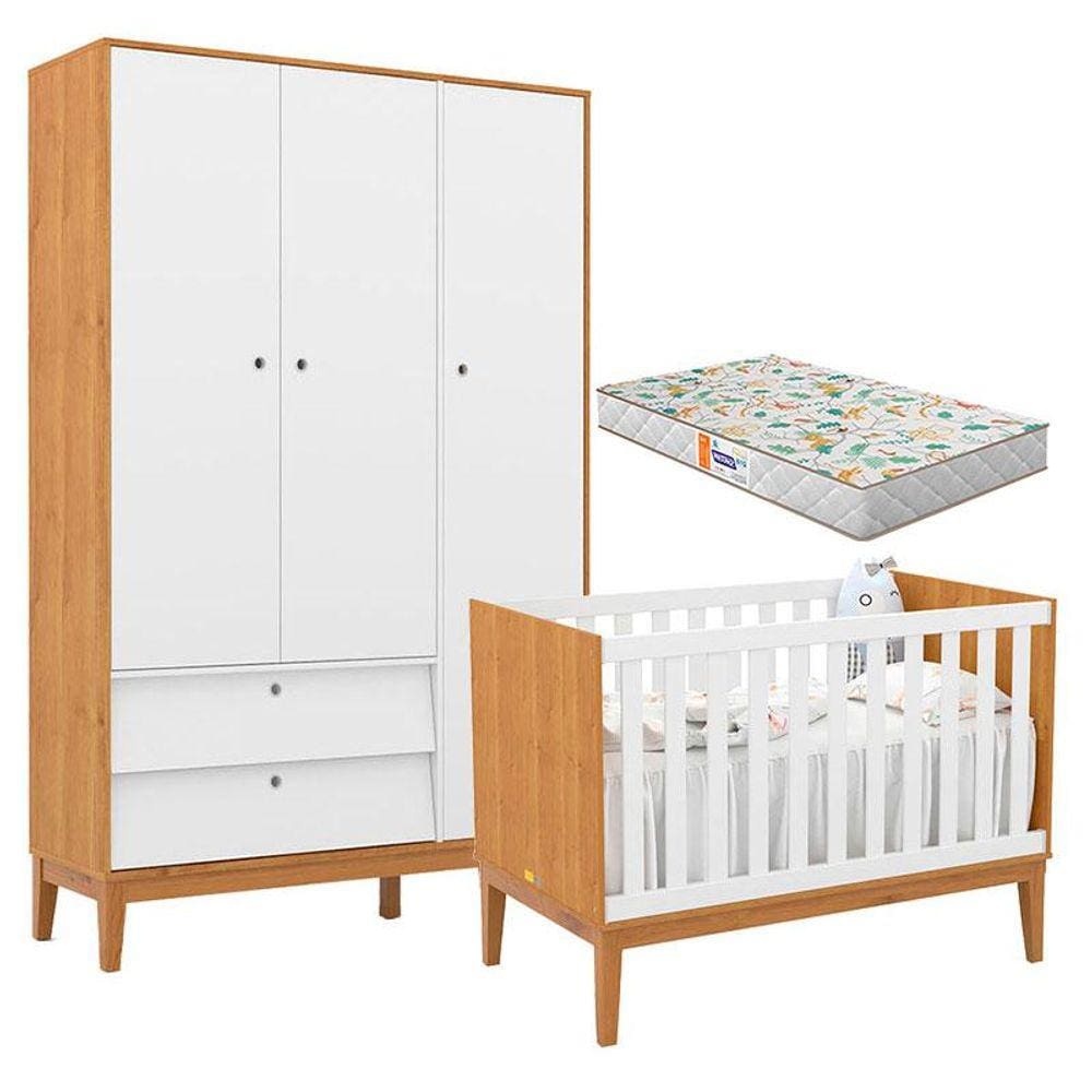 Berço Americano e Guarda Roupa Unique 3 Portas Freijó Branco Soft Eco Wood com Colchão Gazin - Matic