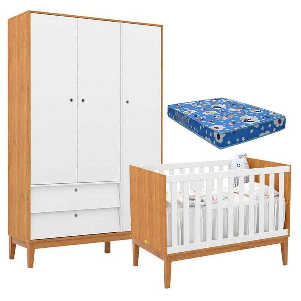 Berço Americano e Guarda Roupa Unique 3 Portas Freijó Branco Soft Eco Wood com Colchão Ortobom - Matic