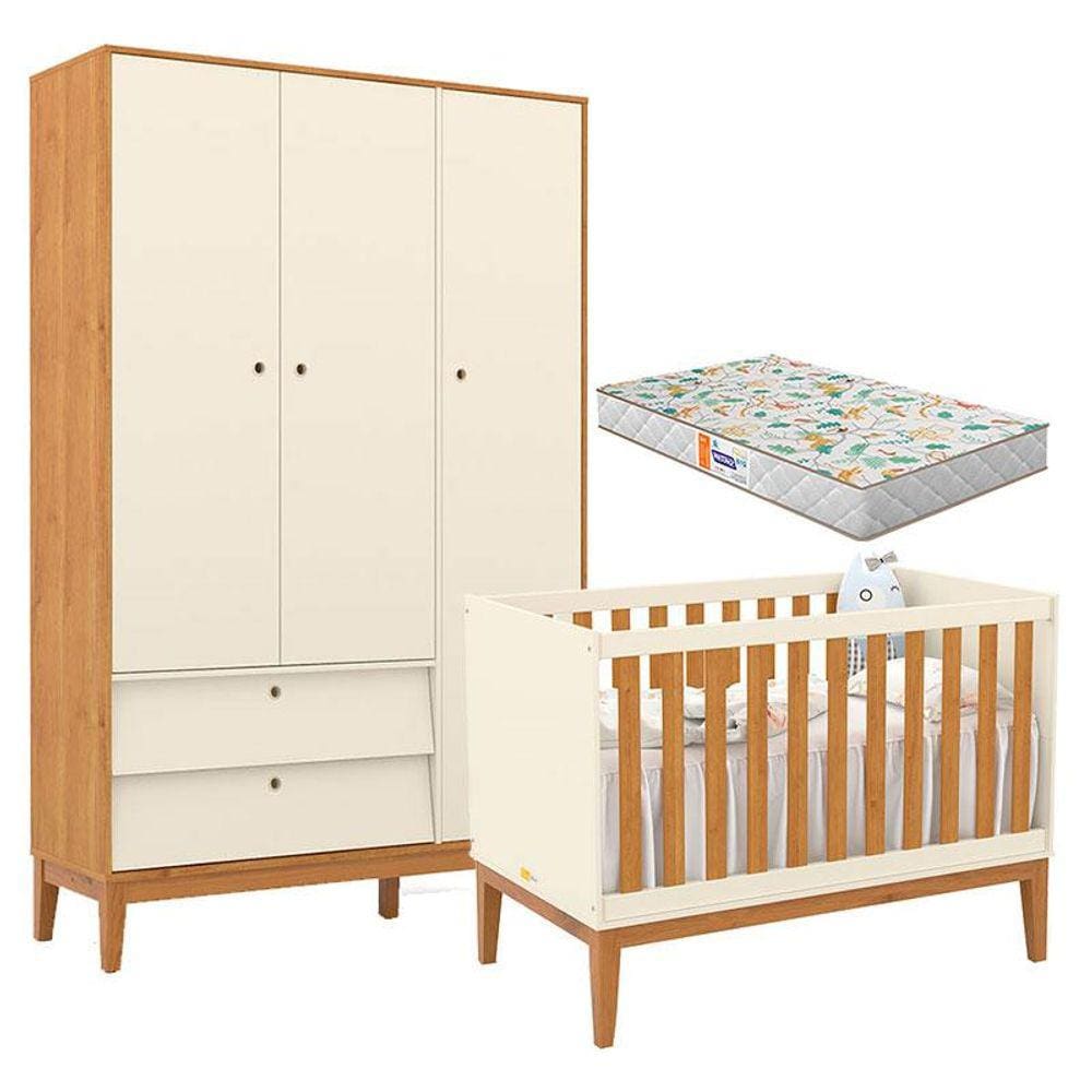 Berço Americano e Guarda Roupa Unique 3 Portas Off White Freijó Eco Wood com Colchão Gazin - Matic