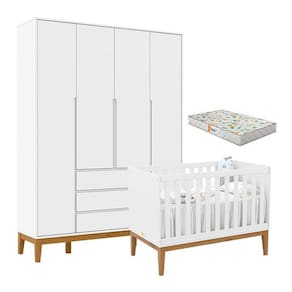 Berço Americano Unique e Guarda Roupa 4 Portas Nature Clean Branco Soft Eco Wood com Colchão Gazin - Matic