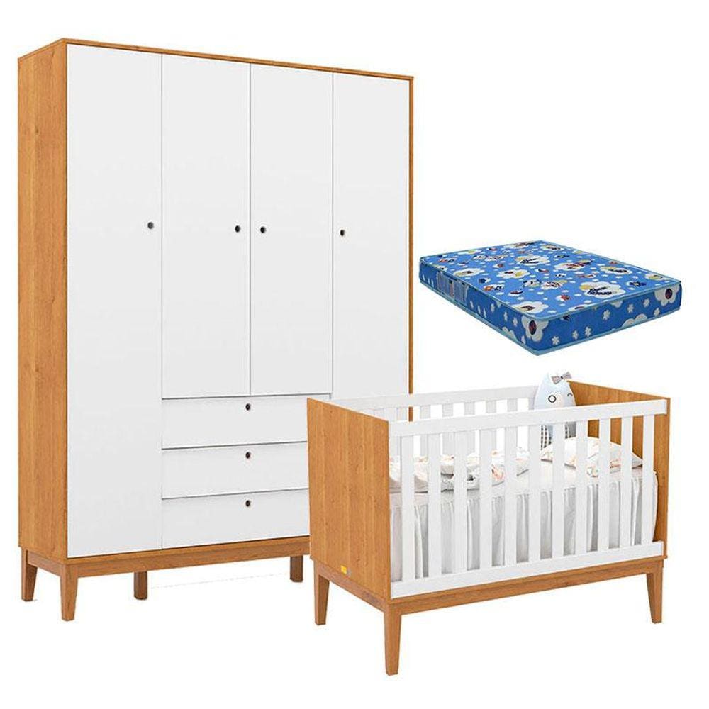 Berço Americano e Guarda Roupa Unique 4 Portas Freijó Branco Soft Eco Wood com Colchão Ortobom - Matic