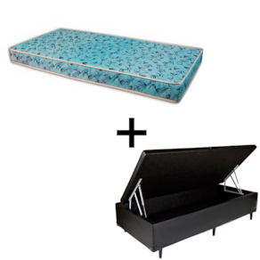 Cama Baú Solteiro 88 Tecido Sintético Preto Com Colchão Natal - 100% Espuma - D23 Azul 54x88x188