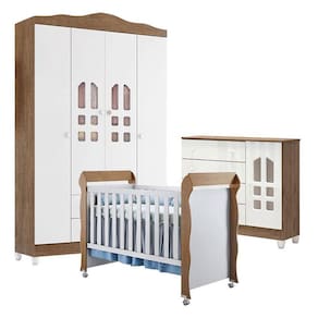 Quarto de Bebê New Selena 4 Portas com Cômoda Selena e Berço Mirelle Branco Acetinado Amadeirado - Carolina Móveis