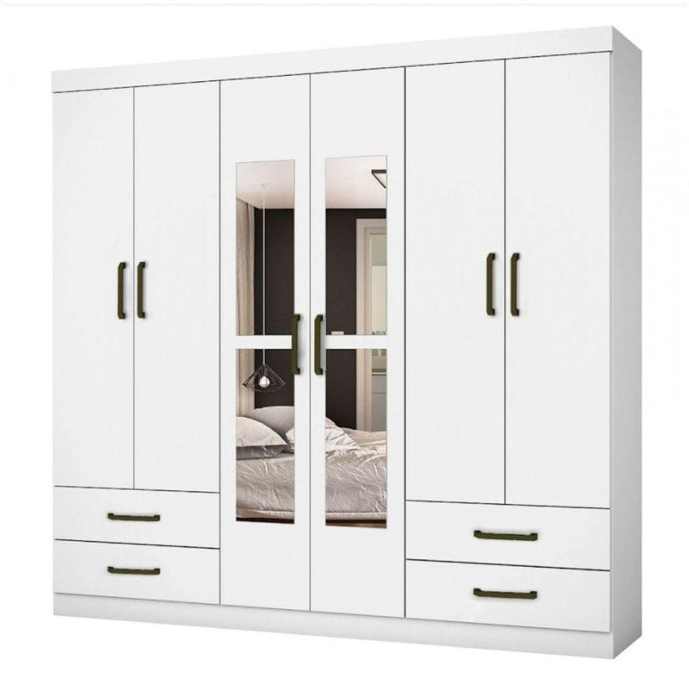 Guarda Roupa Casal Lu 6 Portas 4 Gavetas Com Espelho Branco