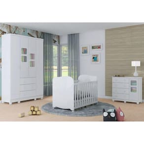 Quarto de Bebê Completo Guarda Roupa Uli 4 Portas 3 Gavetas Berço Americano Uli Cômoda Uli 4 Gavetas 1 Porta Móveis Peroba