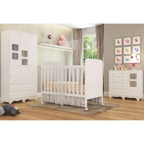 Quarto de Bebê Completo Guarda Roupa Uli 3 Portas 3 Gavetas Berço Mini Cama Cloe 2 Em 1 Cômoda Uli 4 Gavetas 1 Porta Móveis Peroba