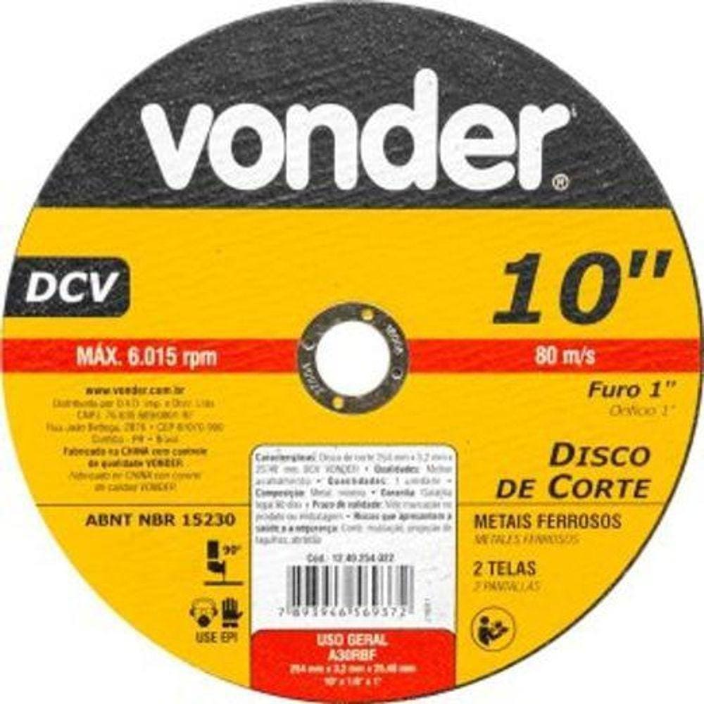 Disco Corte Ferro Vonder Div. 254X3.2X25.4 10X1/8X1