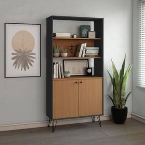 Estante Livreiro Alta com Pés de Metal Industrial 2 Portas Artany Freijó/Preto