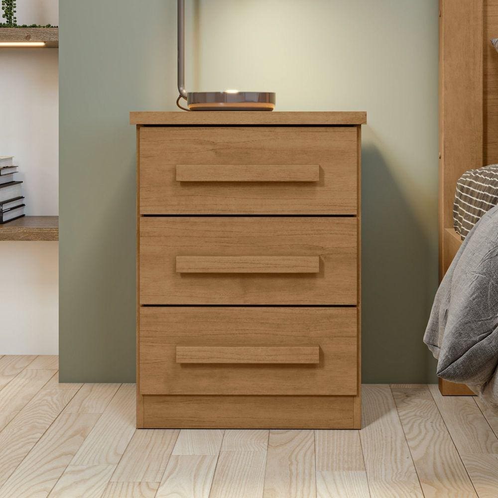 Mesa de Cabeceira 3 Gavetas Baião Plus Móveis Lopas Amêndoa Clean