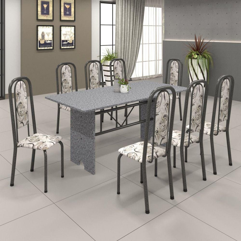 Conjunto de Mesa 180x75cm Tampo Granito com 8 Cadeiras Lavínea Soma Móveis Martelado Prata/Ocre/Arabesco
