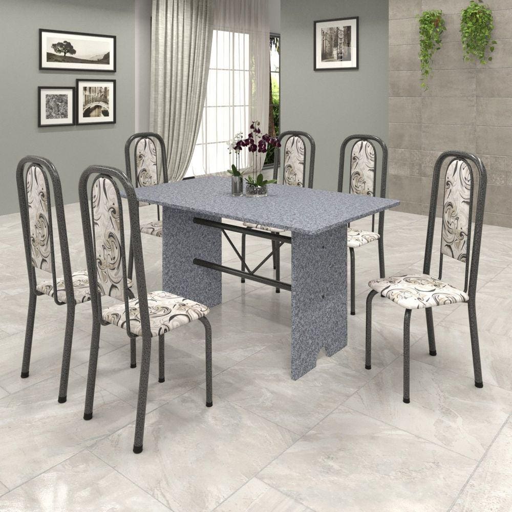 Conjunto de Mesa 140x75cm Tampo Granito com 6 Cadeiras Lavínea Soma Móveis Martelado Prata/Ocre/Arabesco