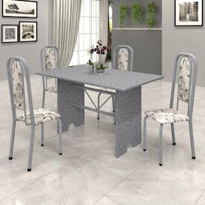 Conjunto de Mesa 120x75cm Tampo Granito com 4 Cadeiras Lavínea Soma Móveis Martelado Pérola/Ocre/Arabesco