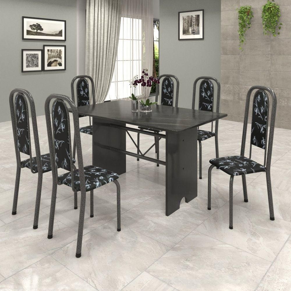 Conjunto de Mesa 140x75cm Tampo Ardósia com 6 Cadeiras Lavínea Soma Móveis Martelado Prata/Preto floral