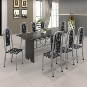 Conjunto de Mesa 180x75cm Tampo Ardósia com 8 Cadeiras Lavínea Soma Móveis Martelado Pérola/Preto Floral
