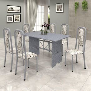 Conjunto de Mesa 140x75cm Tampo Granito com 6 Cadeiras Lavínea Soma Móveis Martelado Pérola/Ocre/Arabesco