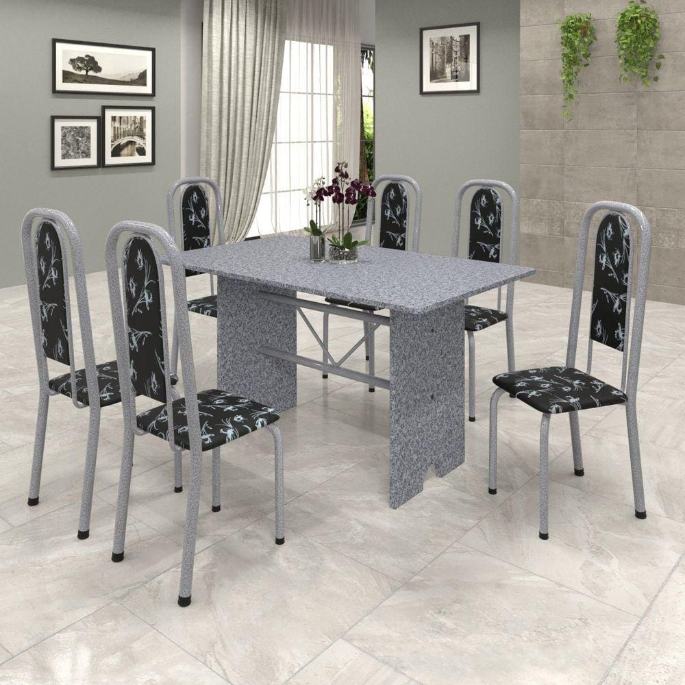 Conjunto de Mesa 140x75cm Tampo Granito com 6 Cadeiras Lavínea Soma Móveis Martelado Pérola/Ocre/Preto Floral