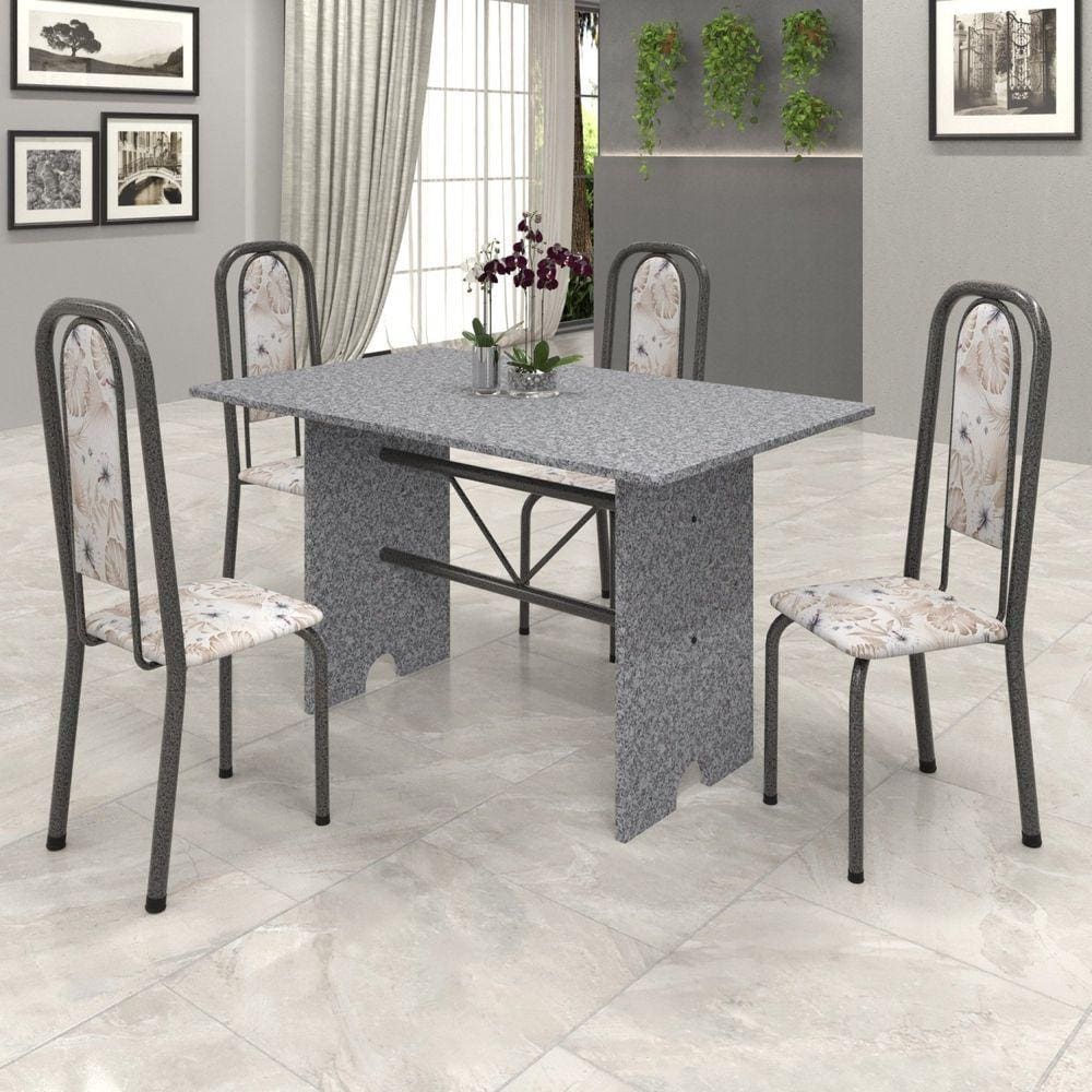Conjunto de Mesa 120x75cm Tampo Granito com 4 Cadeiras Lavínea Soma Móveis Martelado Prata/Ocre/Botanic Bege