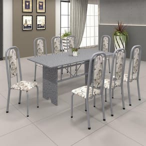 Conjunto de Mesa 180x75cm Tampo Granito com 8 Cadeiras Lavínea Soma Móveis Martelado Pérola/Ocre/Arabesco