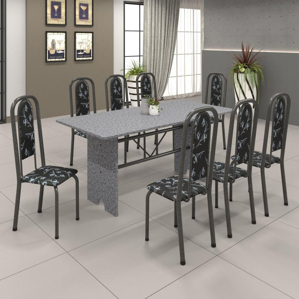 Conjunto de Mesa 180x75cm Tampo Granito com 8 Cadeiras Lavínea Soma Móveis Martelado Prata/Ocre/Preto Floral