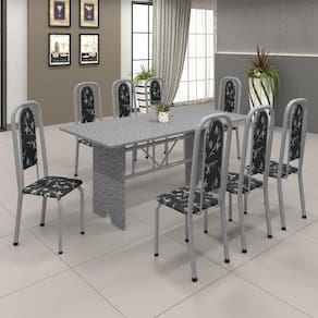 Conjunto de Mesa 180x75cm Tampo Granito com 8 Cadeiras Lavínea Soma Móveis Martelado Pérola/Ocre/Preto Floral