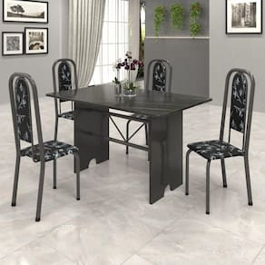 Conjunto de Mesa 120x75cm Tampo Ardósia com 4 Cadeiras Lavínea Soma Móveis Martelado Prata/Preto floral